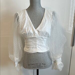 NWOT Elegant White Sheer Chiffon Deep V Puff Sleeve Top, Size M